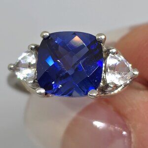 Cushion Cut Sapphire Trillion Side Stones EMA 925 Sterling Silver Ring Size 8.75